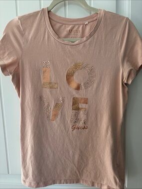 GUESS Light Pink Tee with Gold LOVE Graphic